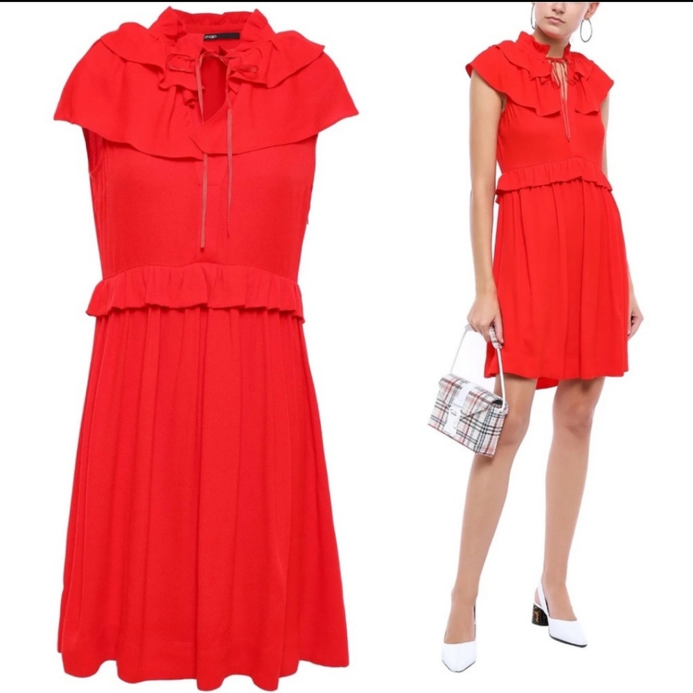Maje Rutta Ruffled Crepe Mini Dress in Red S holiday